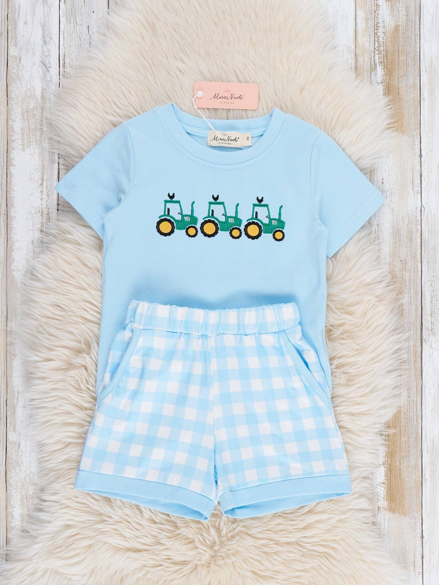 Little Farmer’s Fun Embroidered Plaid Outfit