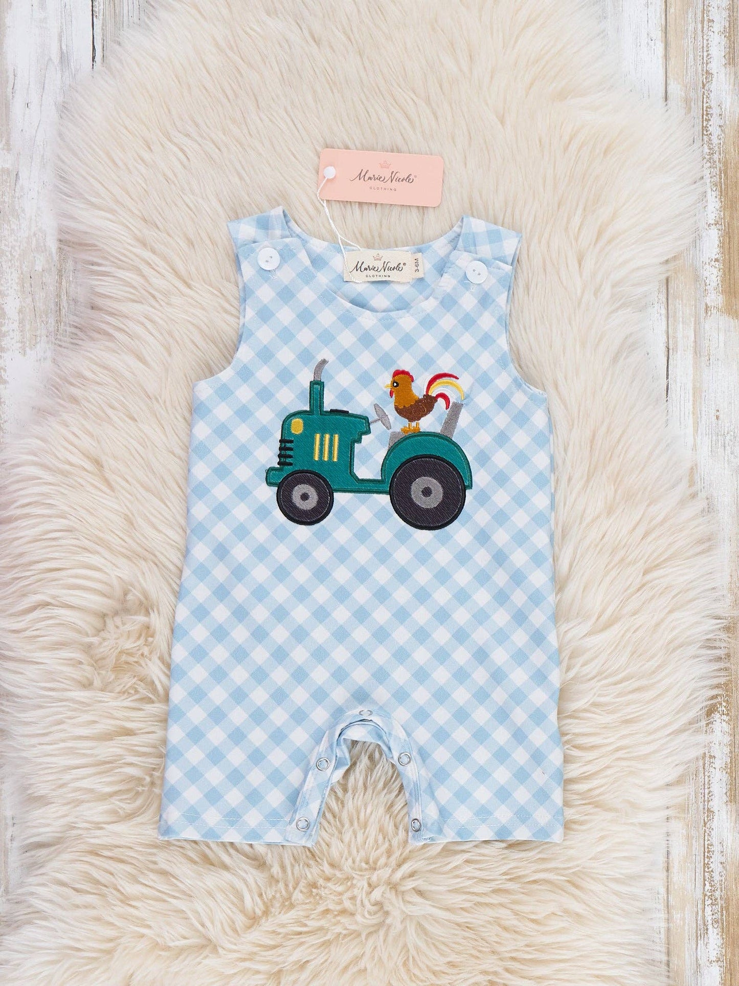 Embroidered Rooster Tractor Gingham Johnny