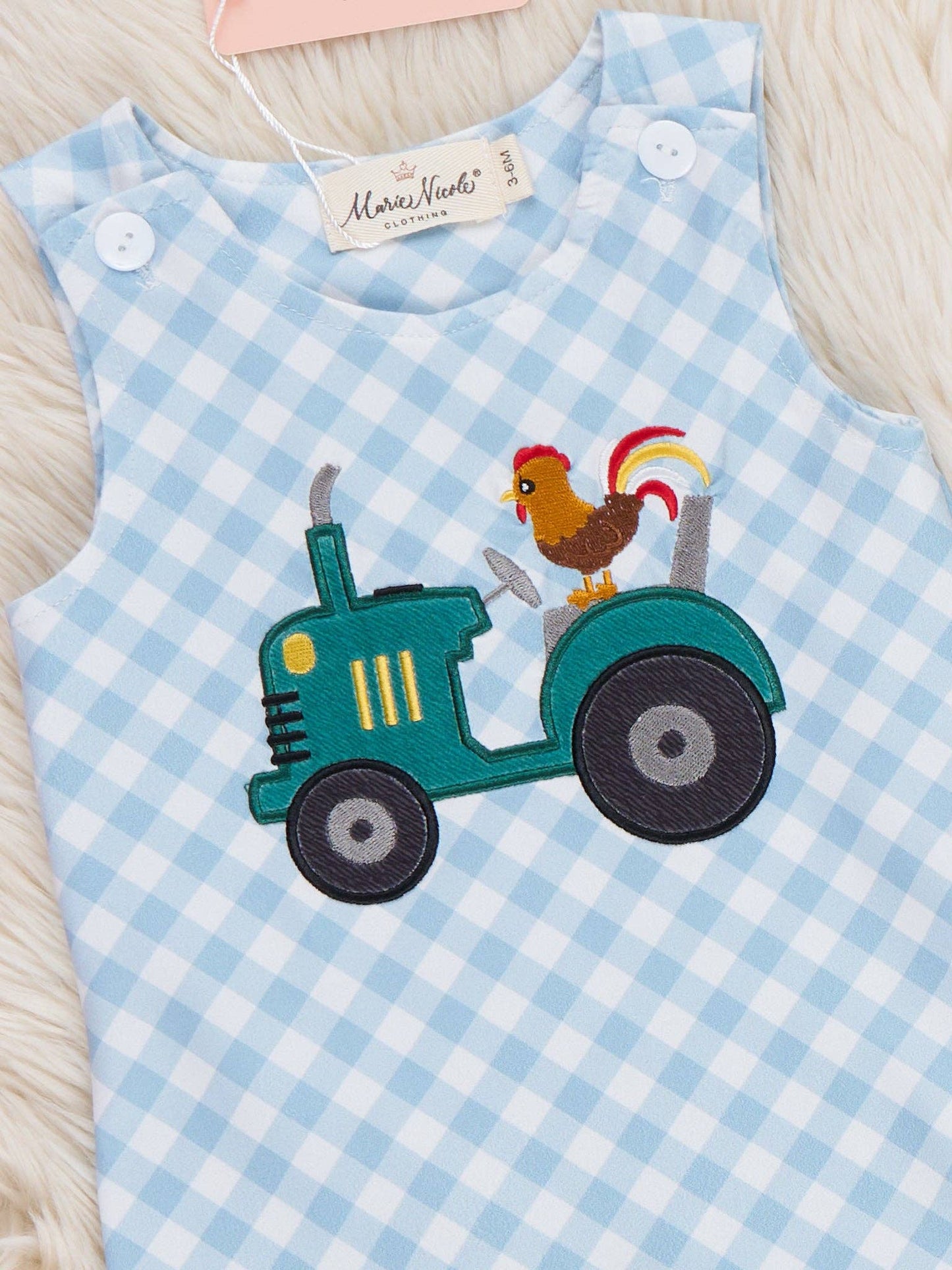 Embroidered Rooster Tractor Gingham Johnny