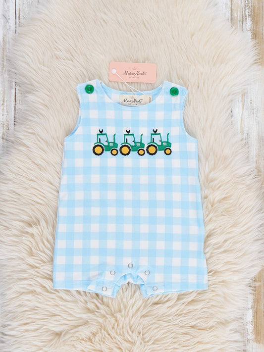 Little Farmer’s Fun Embroidered Plaid Romper