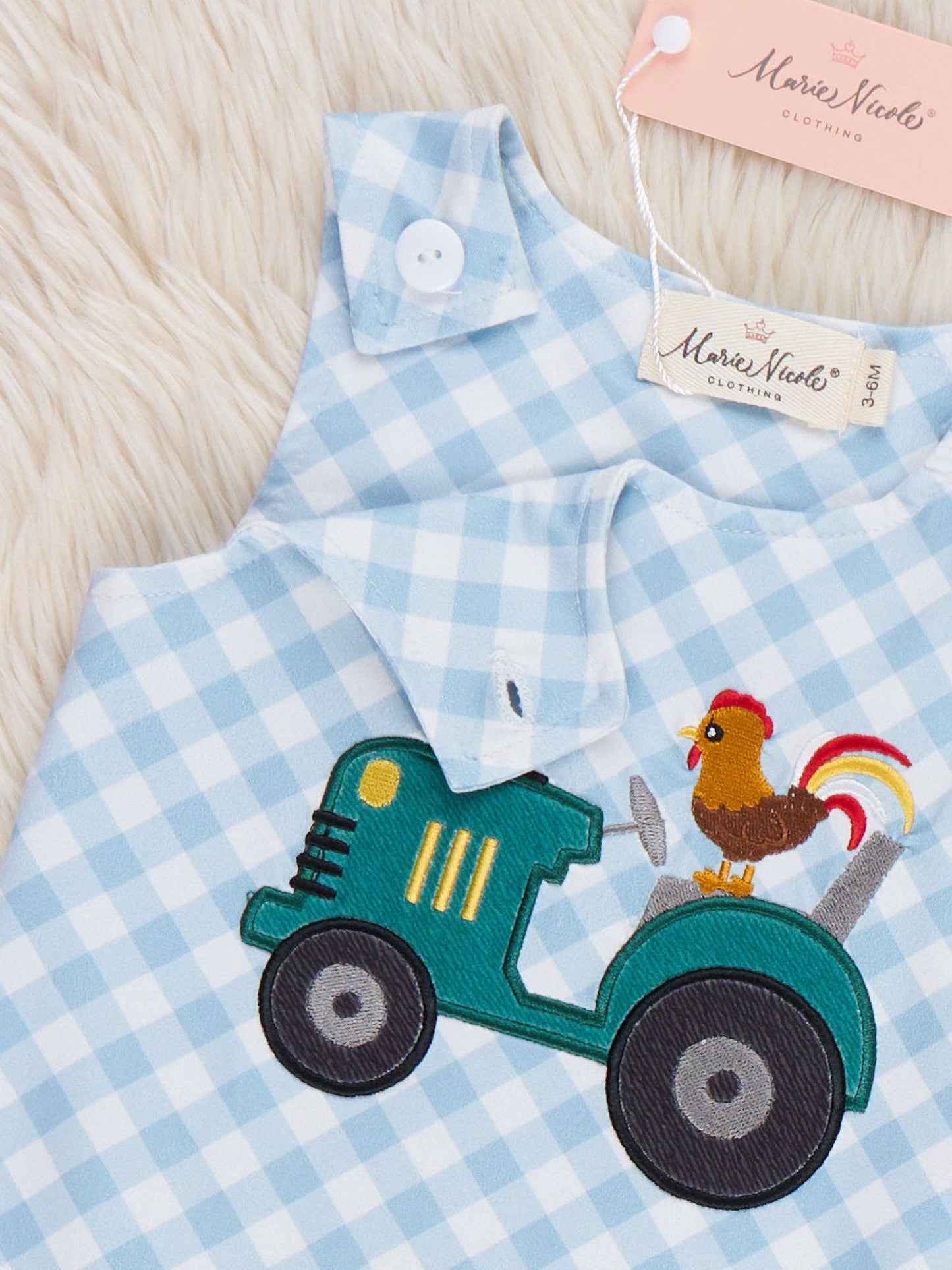 Embroidered Rooster Tractor Gingham Johnny